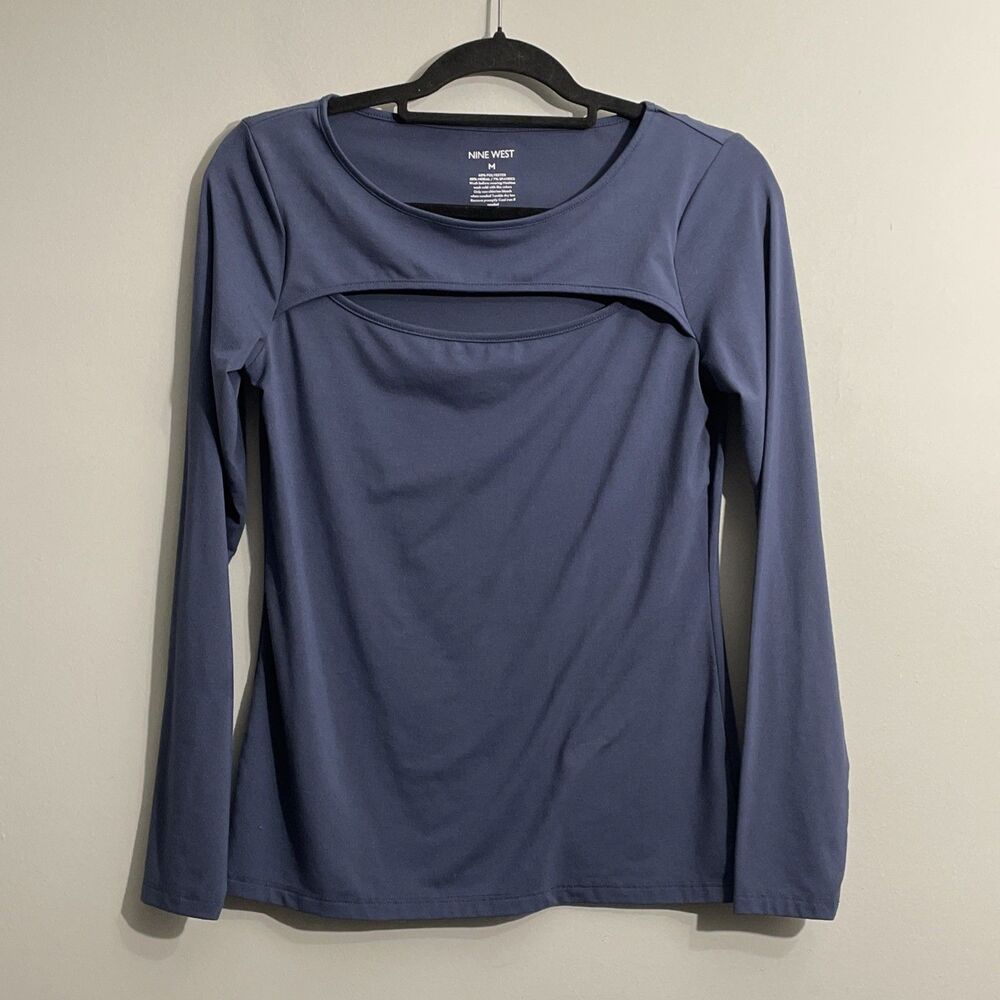 Nine West Womens Blue Fitted Long Top Slim Fit Casual
